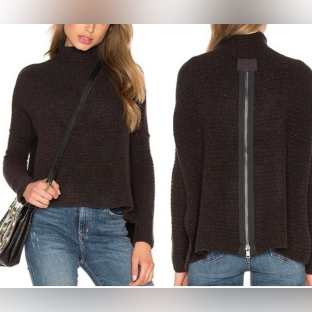 Free People Arctic Fox Mock Neck Zip Back Oversized Wool Blend Black Sweater S